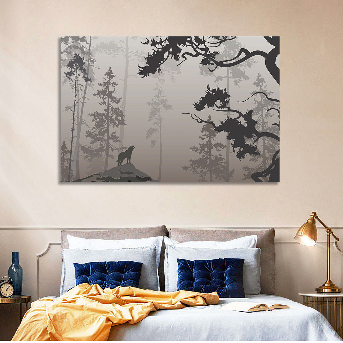Howling Wolf in Misty Forest Wall Art in a room, landscape