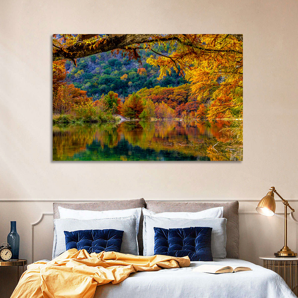 Frio River Autumn Reflection Wall Art in a room, landscape