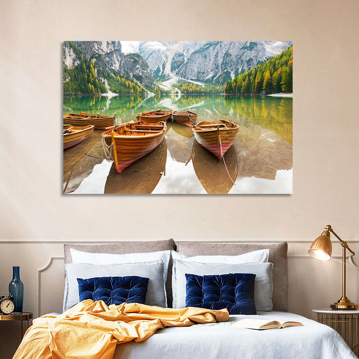 Rowboats on Lake Braies Wall Art in a room, landscape
