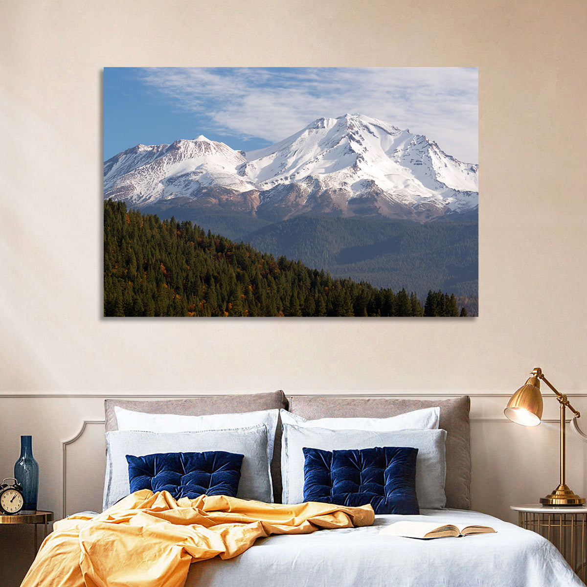 Mount Shasta Snow Peaks Wall Art in a room, landscape