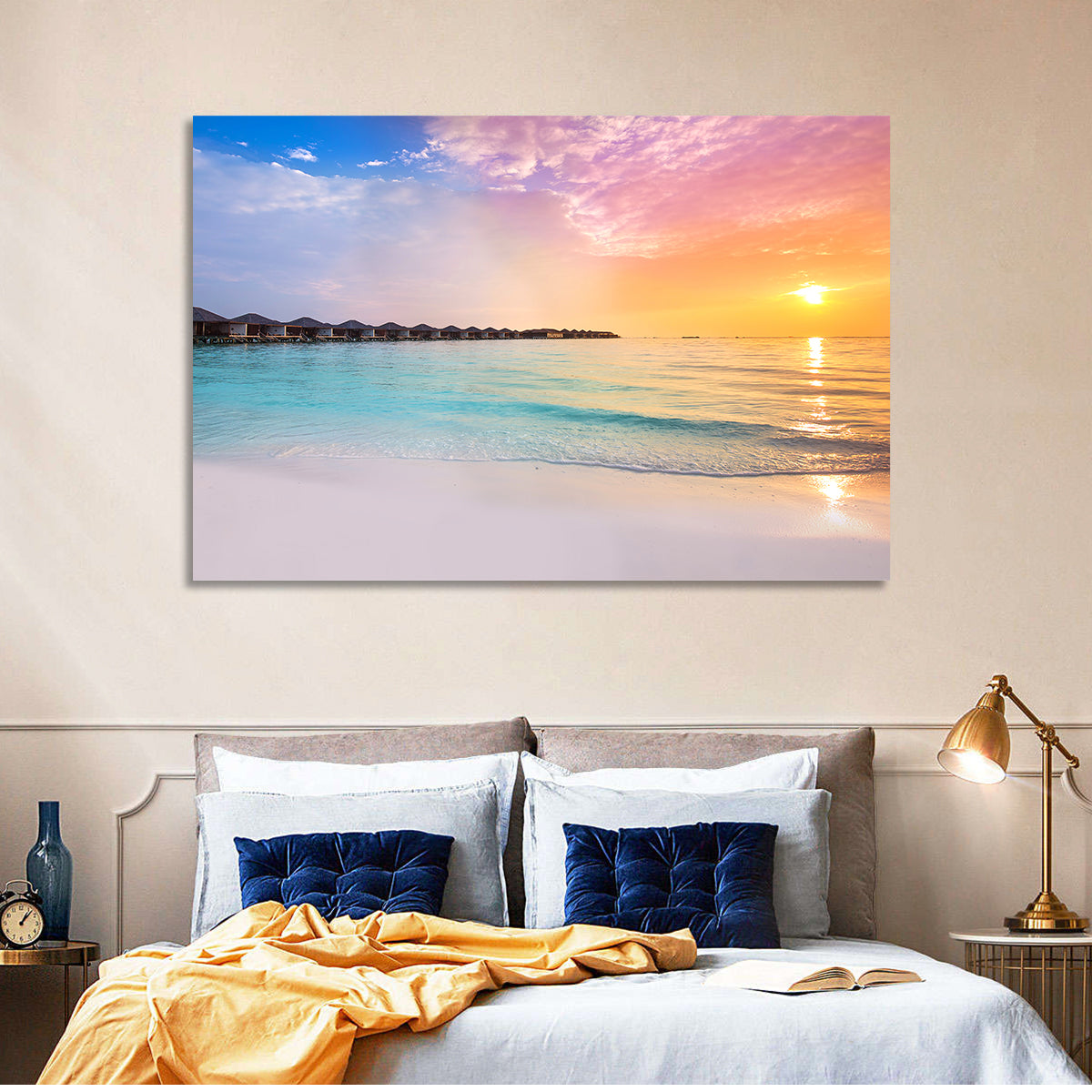 Overwater Bungalows at Sunset Wall Art in a room, landscape