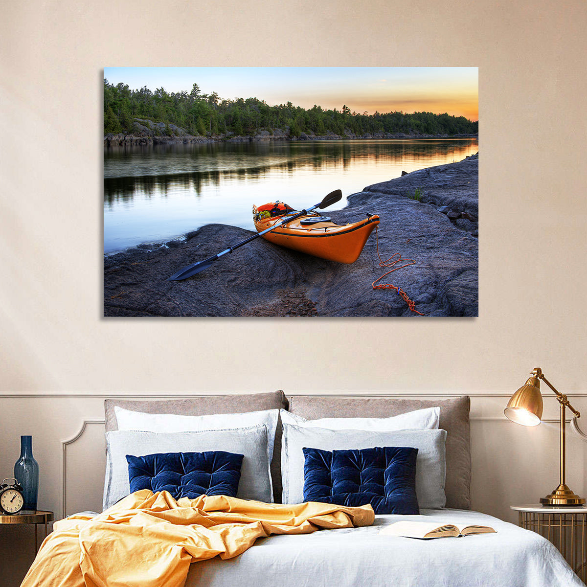 Orange Kayak on Rocky Shore Wall Art