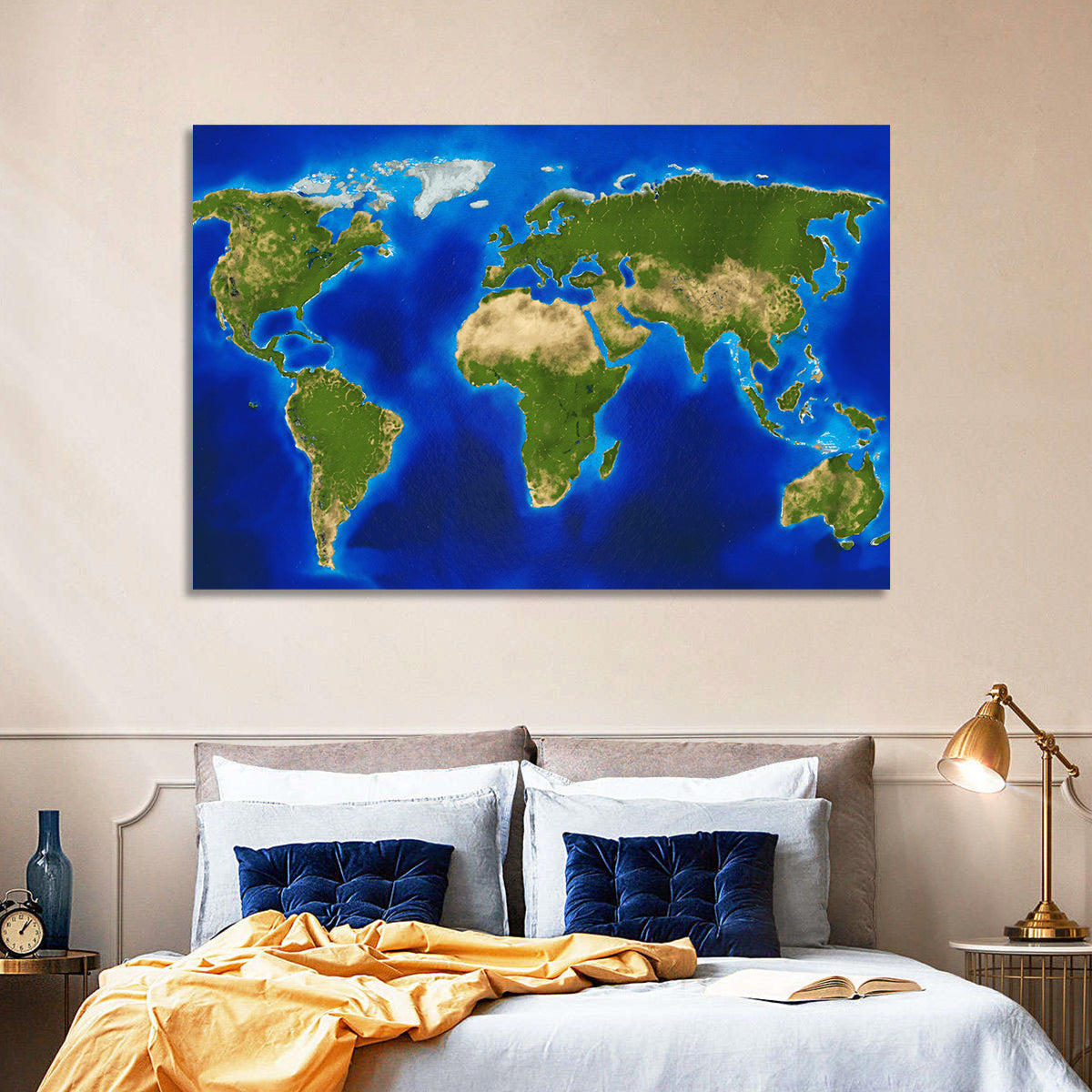 Satellite-style Blue World Map Wall Art in a room, landscape