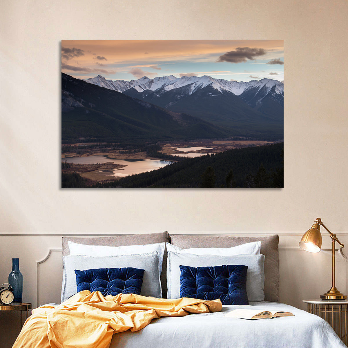 Banff Mountain Lake at Dusk Wall Art in a room, landscape