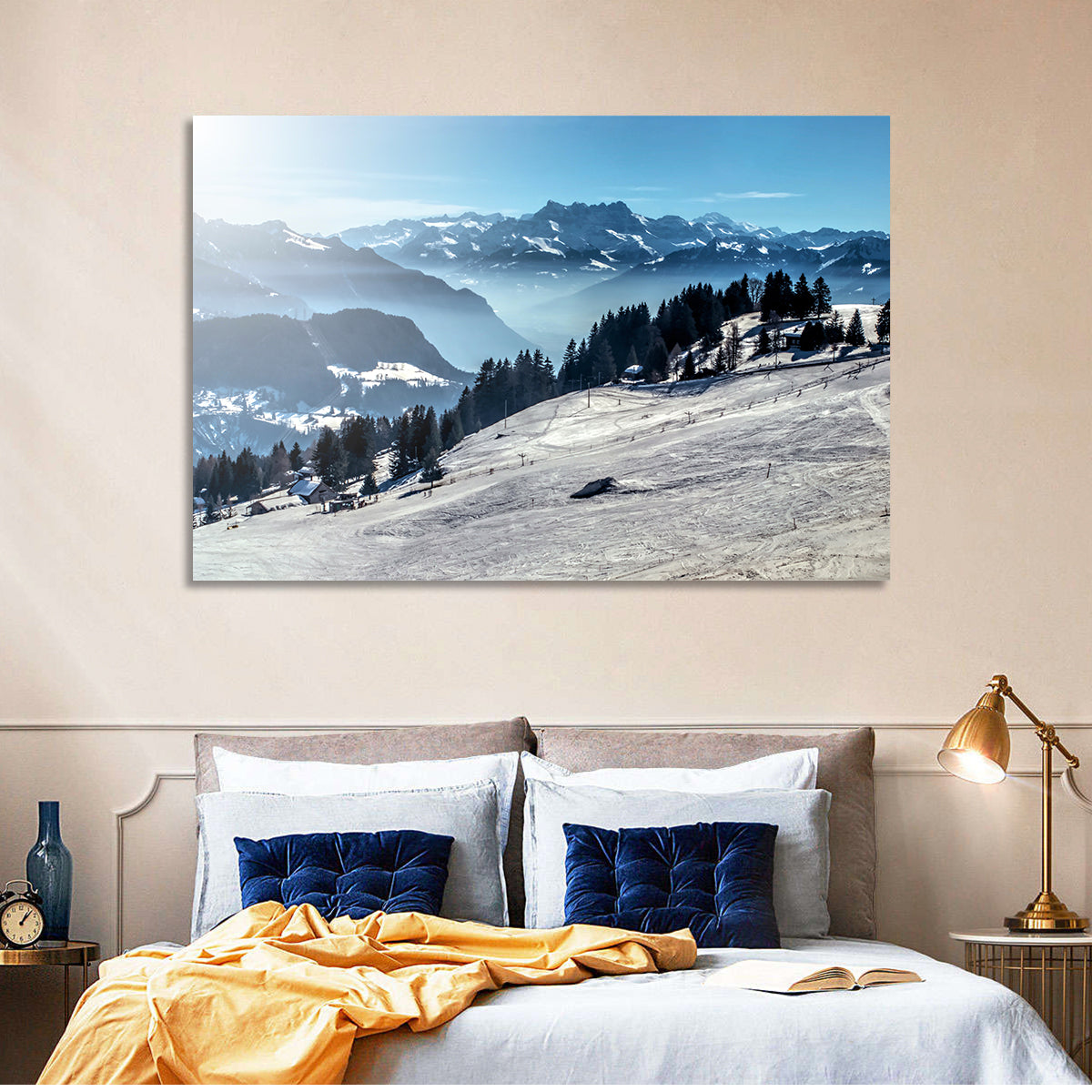 Sunlit Alpine Ski Slope Wall Art in a room, landscape