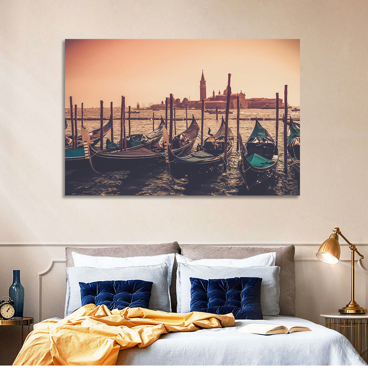 Venetian Gondolas at Dusk Wall Art in a room, landscape