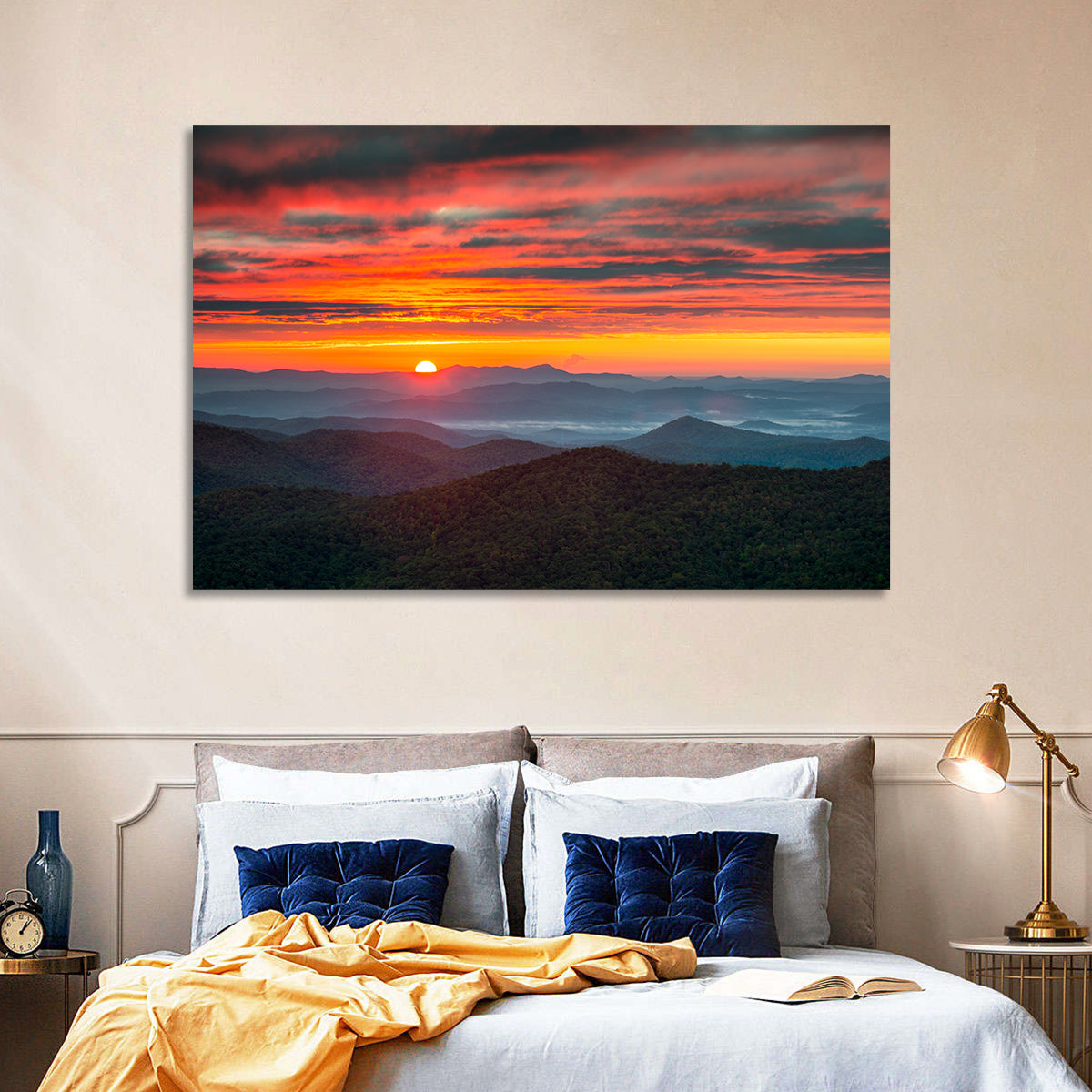 Blue Ridge Sunrise Over Misty Ridges Wall Art in a room, landscape