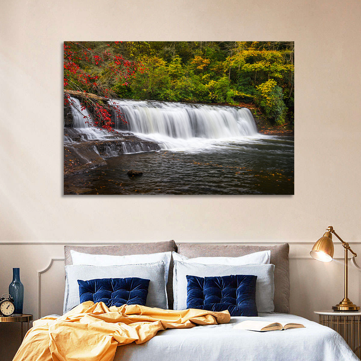 Blue Ridge Autumn Waterfall Wall Art in a room, landscape