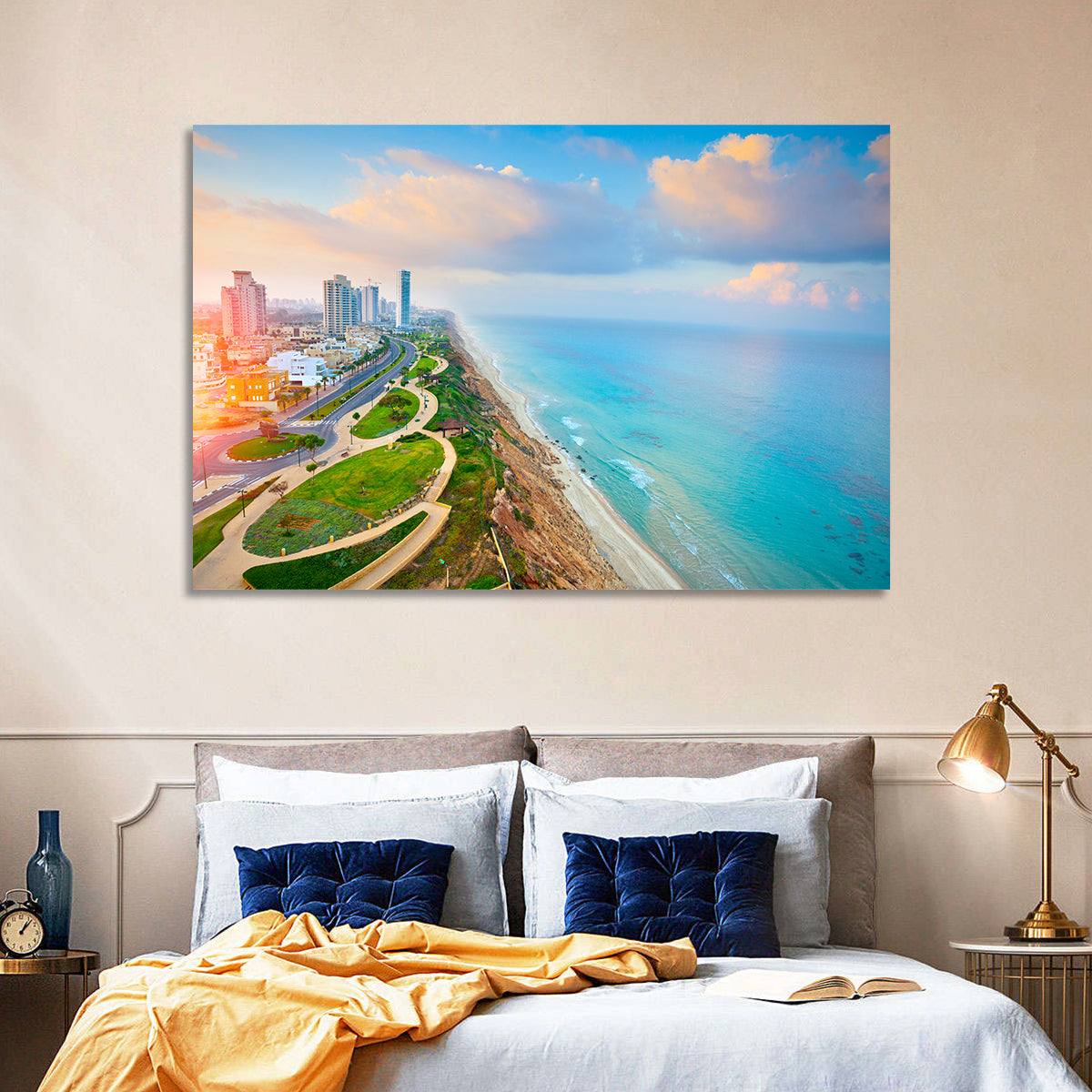 Netanya Coastline at Golden Hour Wall Art in a room, landscape