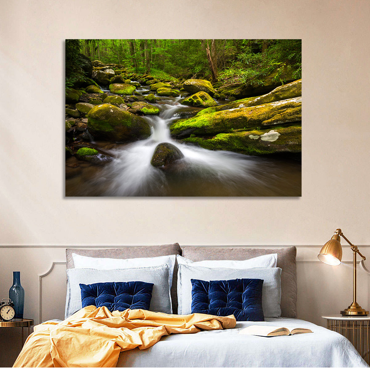 Mossy Forest Stream Wall Art in a room, landscape