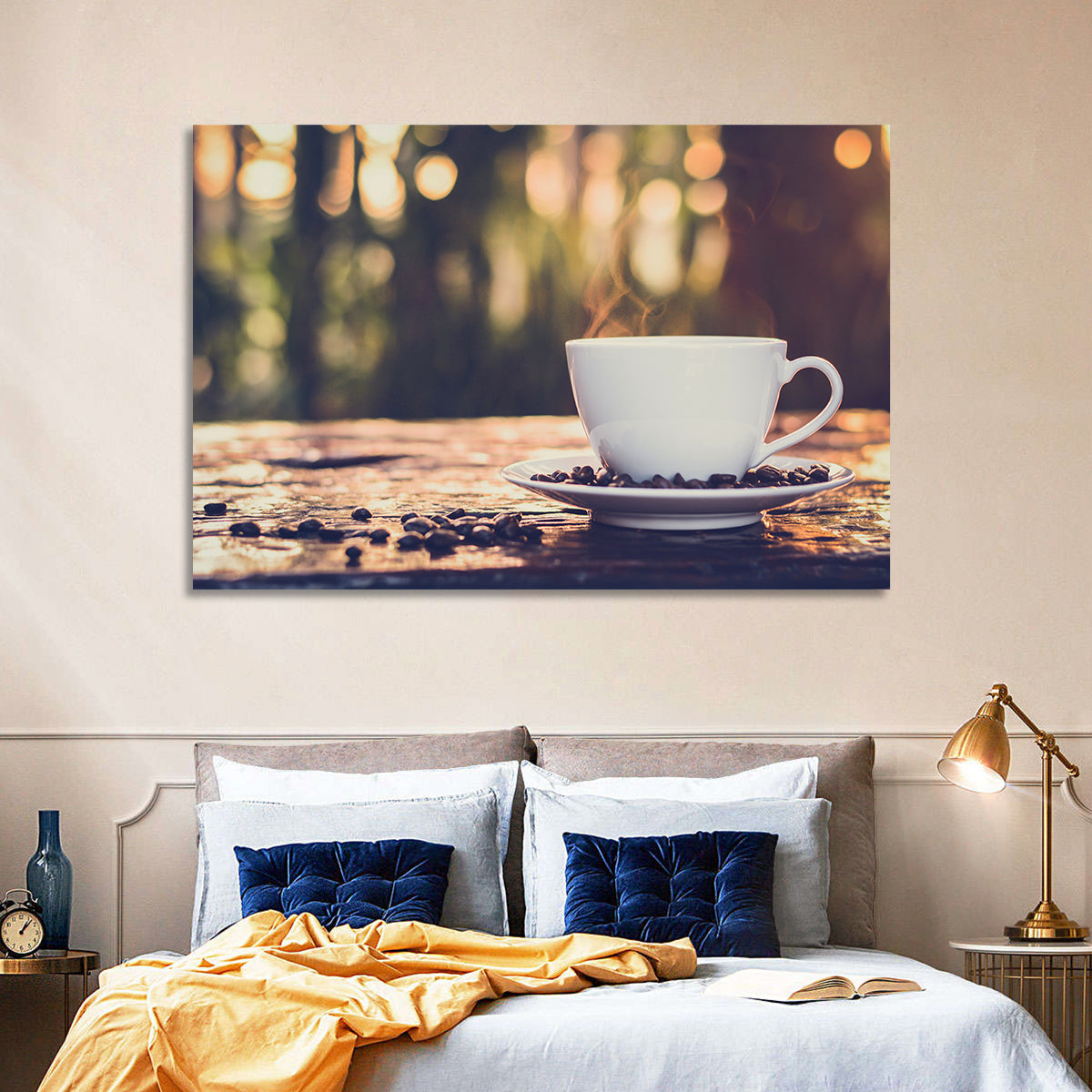 Steaming White Coffee Cup Wall Art in a room, landscape