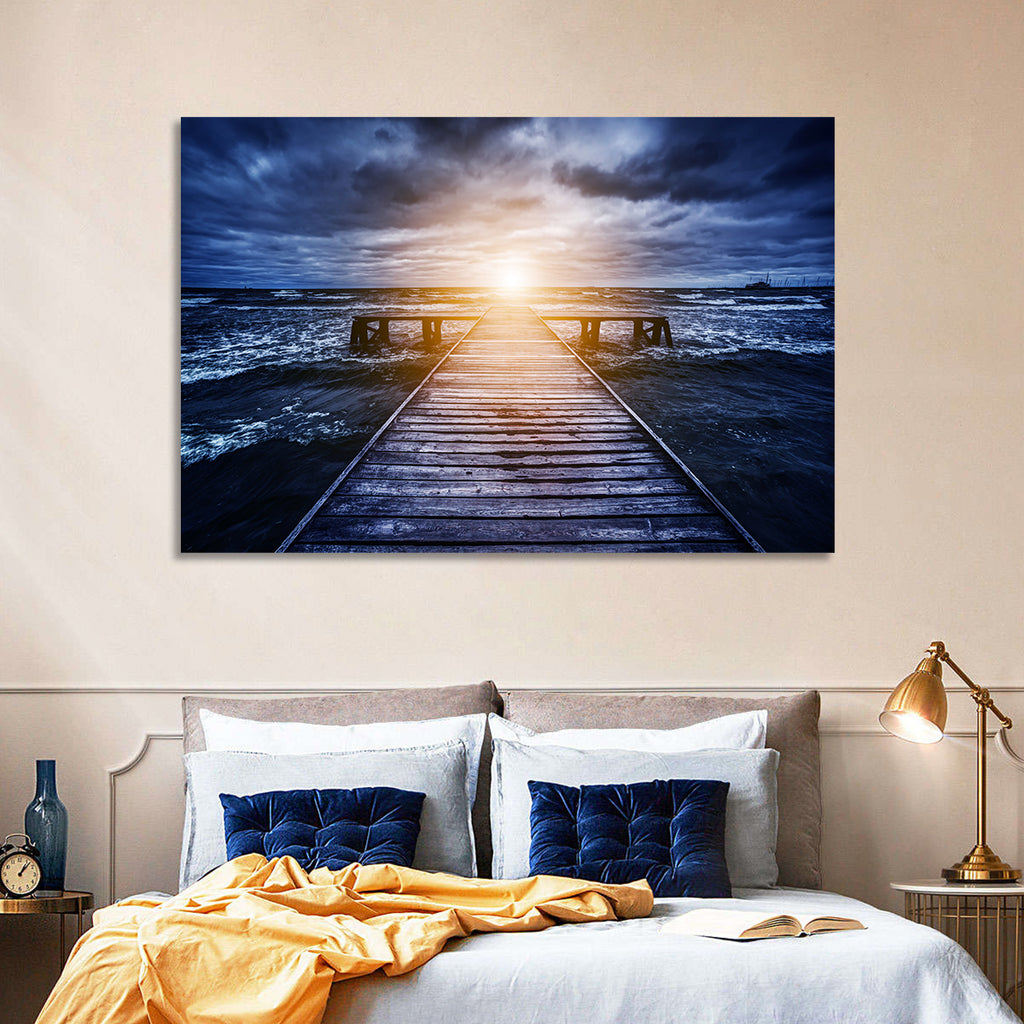 Sunlit Wooden Jetty at Dusk Wall Art