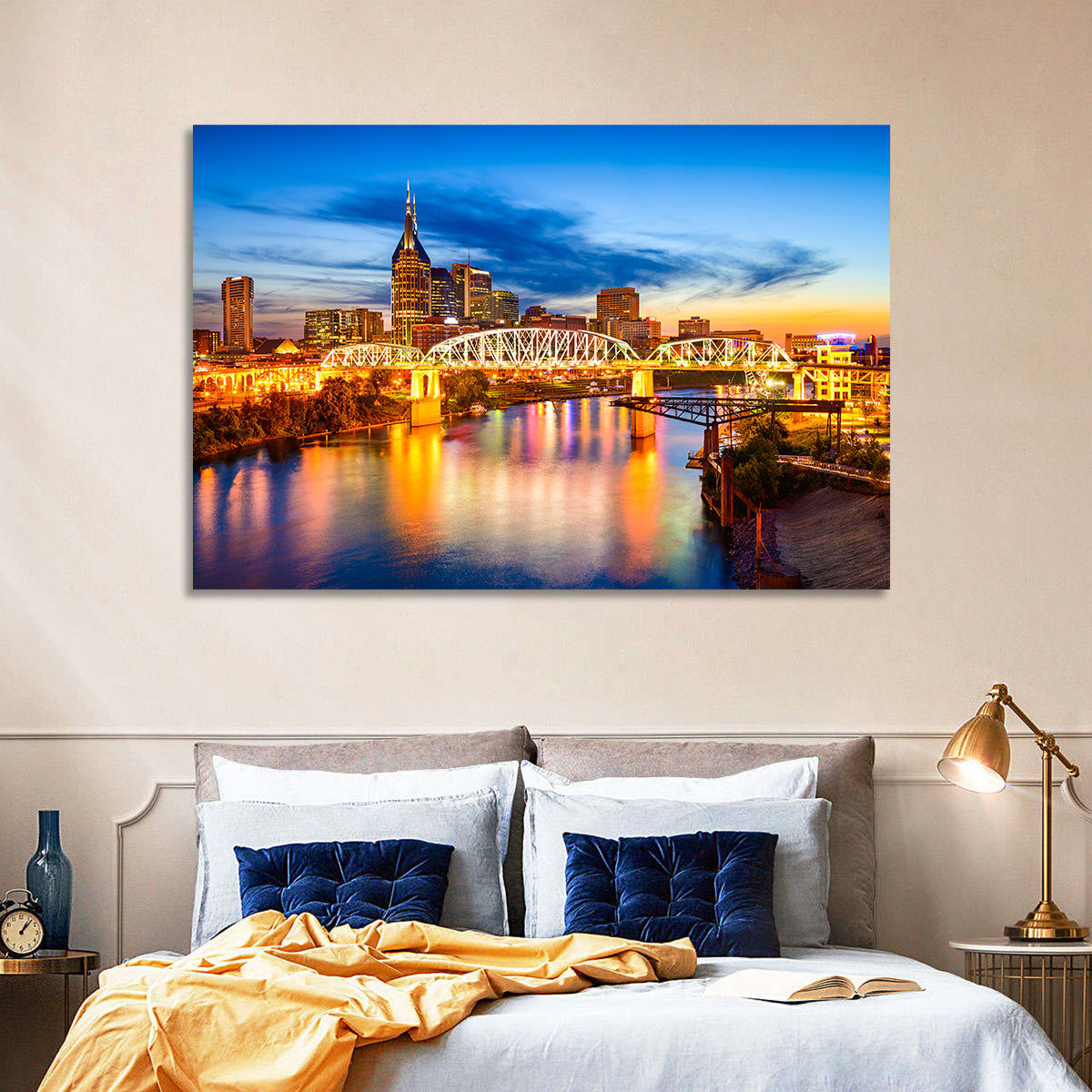 Nashville Skyline at Twilight Bridge Reflections Wall Art