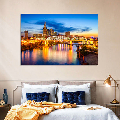 Nashville Skyline at Twilight Bridge Reflections Wall Art