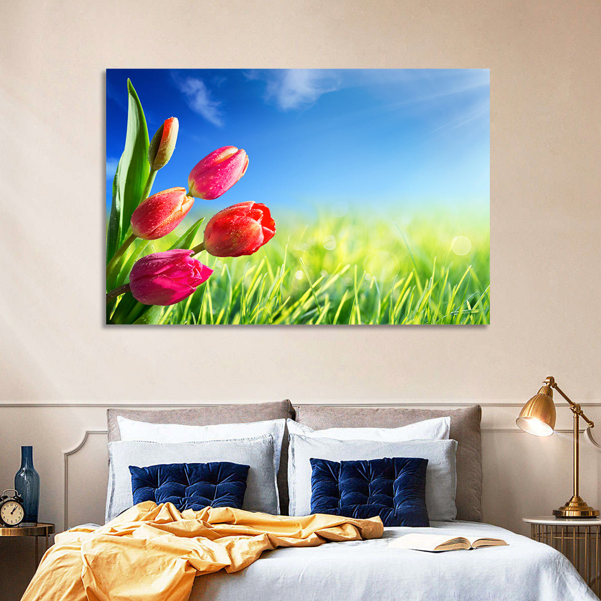 Dewy Red Tulips Under Blue Sky Wall Art in a room, landscape
