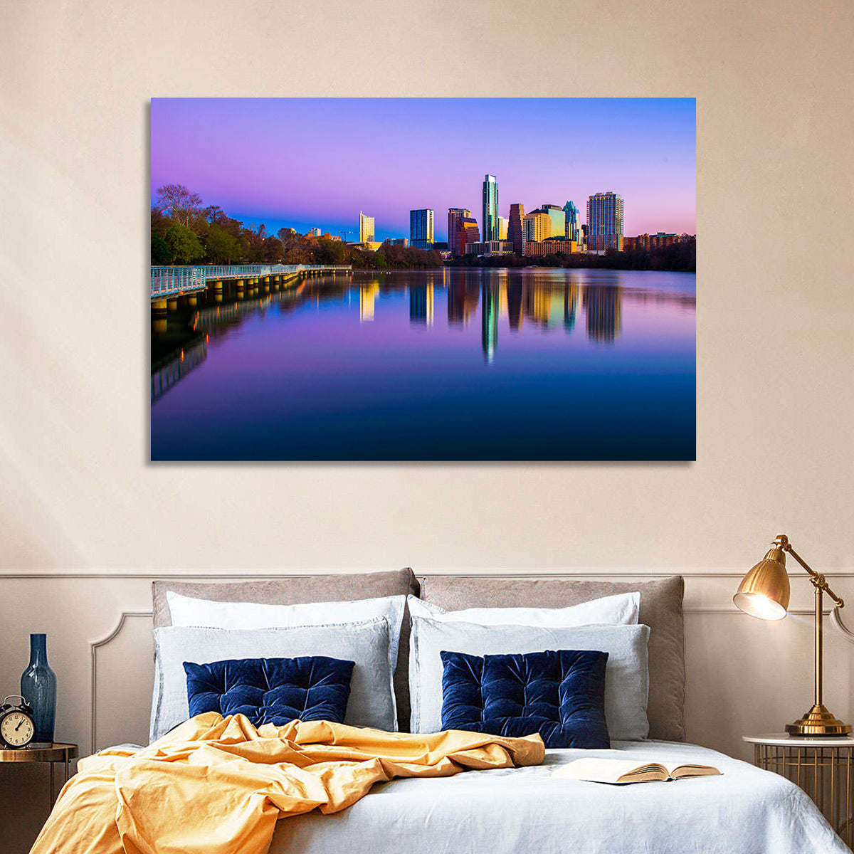 Austin Skyline Reflection at Twilight Wall Art in a room, landscape