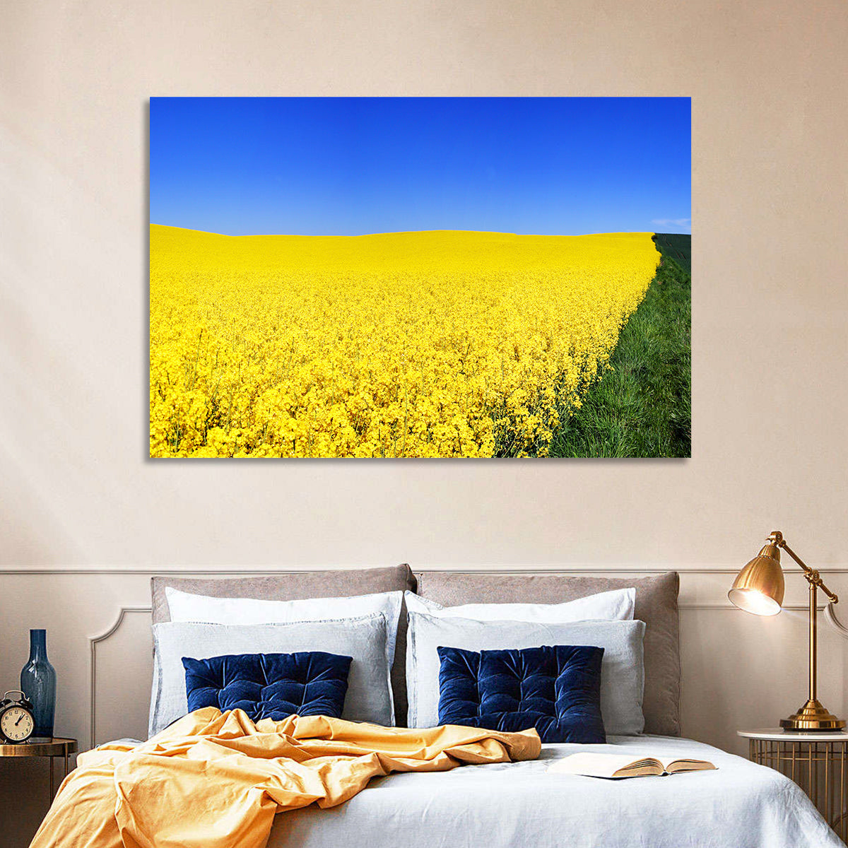 Sunlit Rapeseed Field Wall Art in a room, landscape