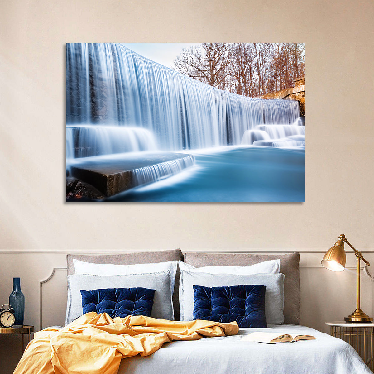 Seeley's Pond Winter Waterfall Wall Art in a room, landscape