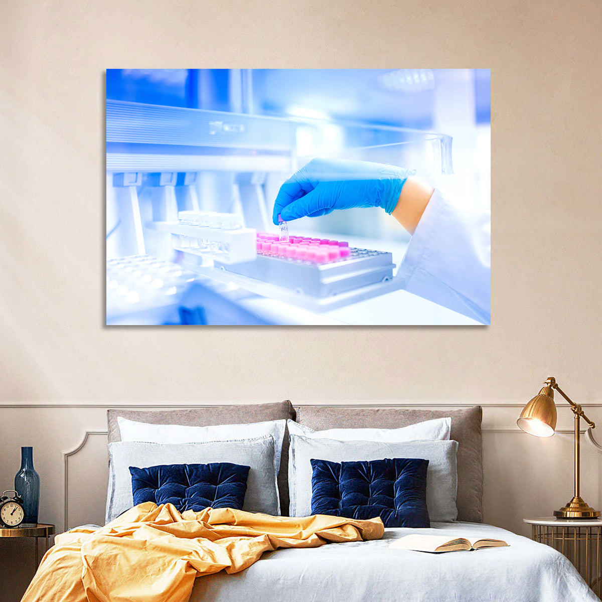 Gloved Hand with Vial and Pink-capped Tubes Wall Art in a room, landscape