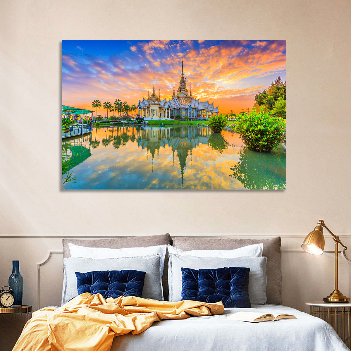 Wat Non Kum Sunset Reflection Wall Art in a room, landscape