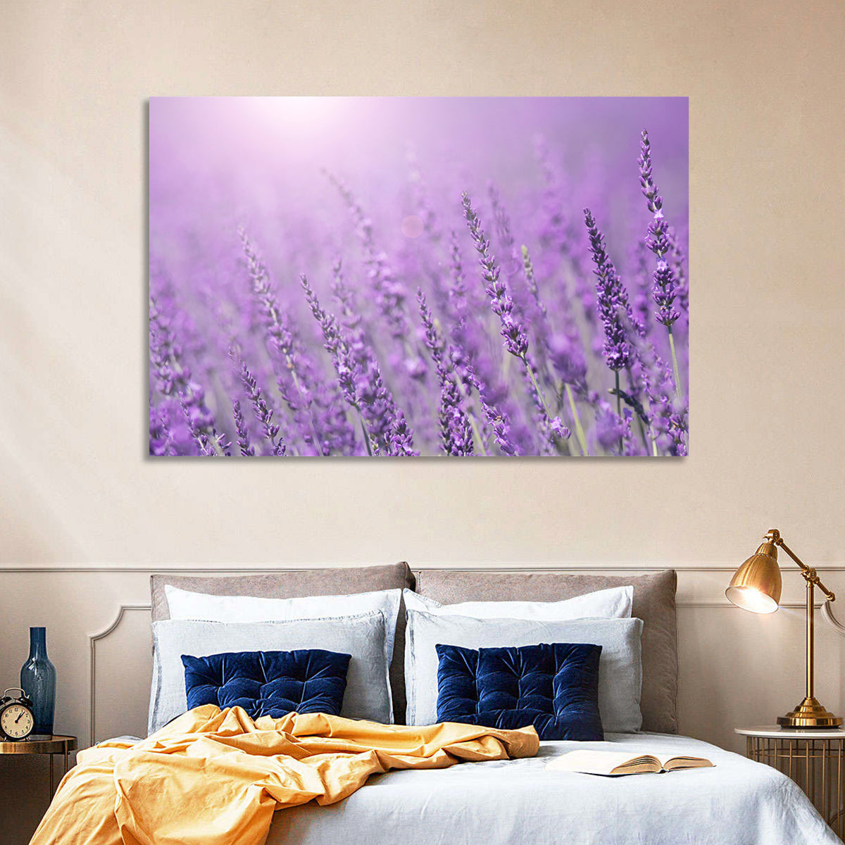 Sunlit Lavender Field Wall Art in a room, landscape