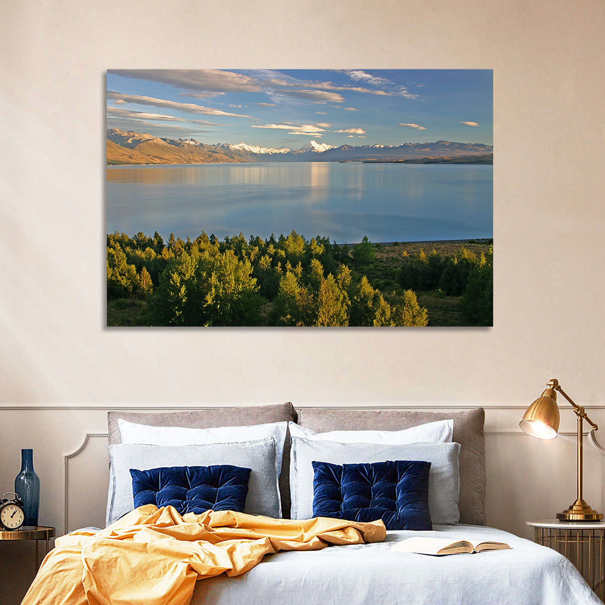 Lake Pukaki Reflections with Mount Cook Wall Art in a room, landscape