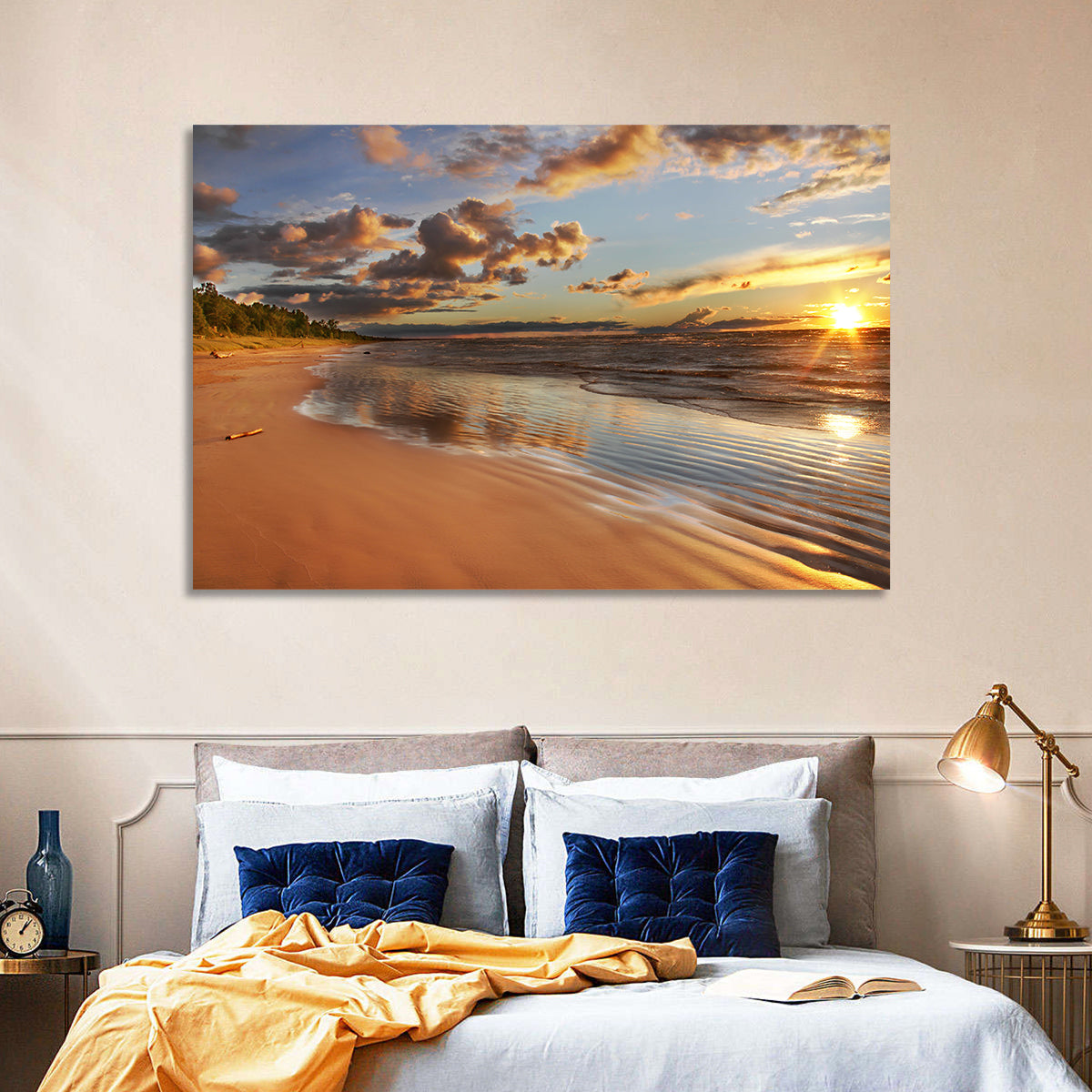 Lake Huron Sunset Beach Wall Art in a room, landscape