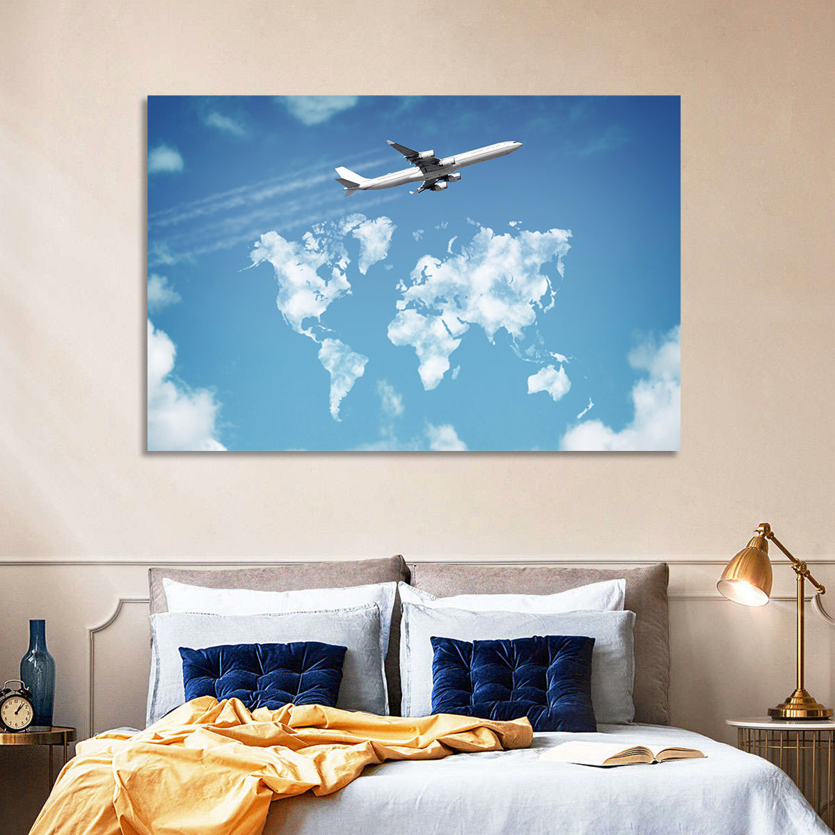 Jet Over Cloud World Map Wall Art in a room, landscape
