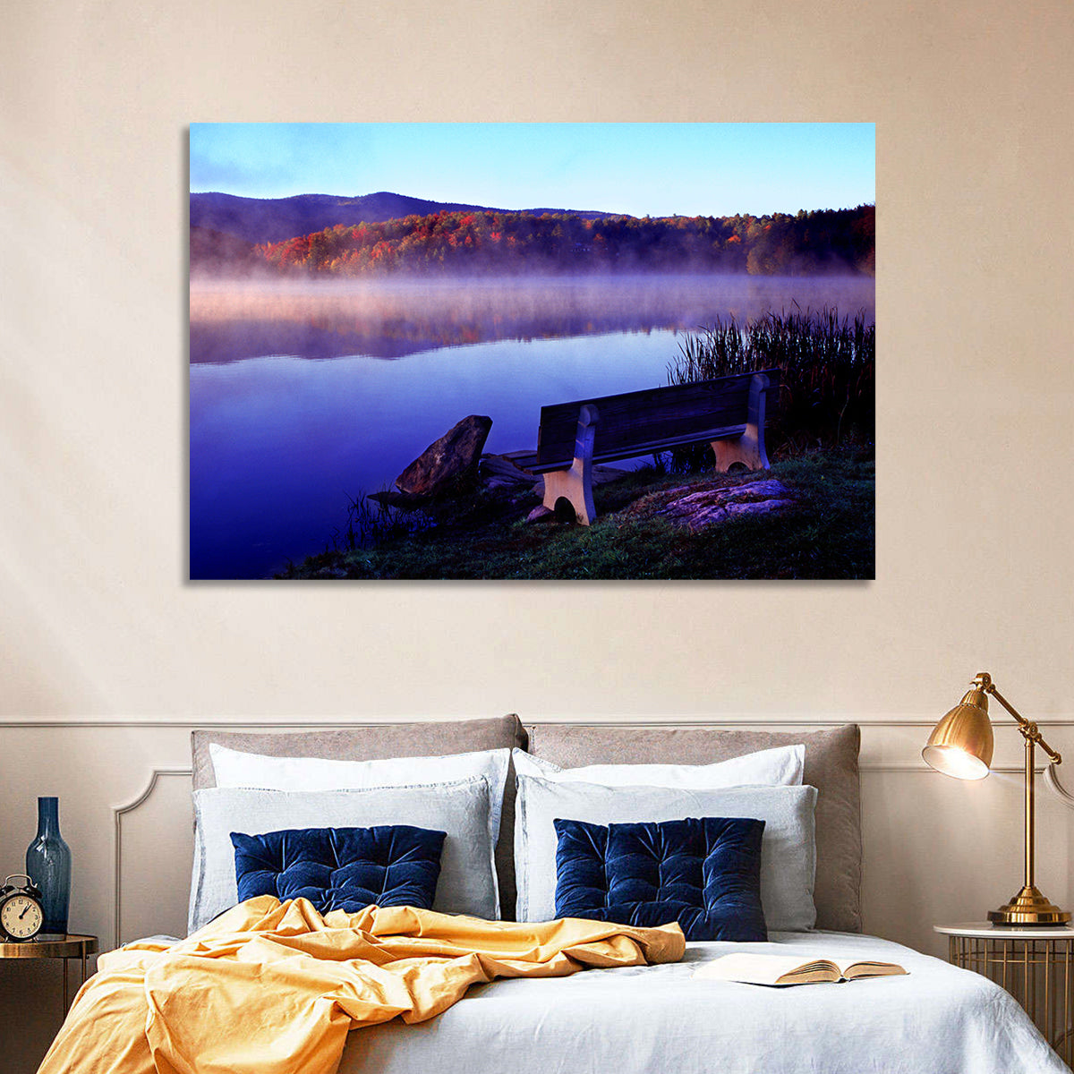 Bench at Misty Lake Sunrise Wall Art