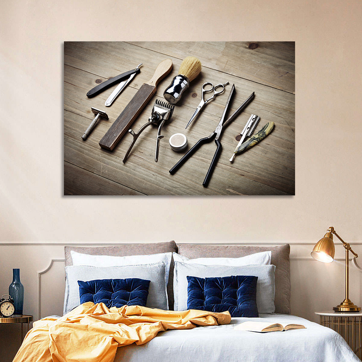 Vintage Barber Tools on Wooden Workbench Wall Art