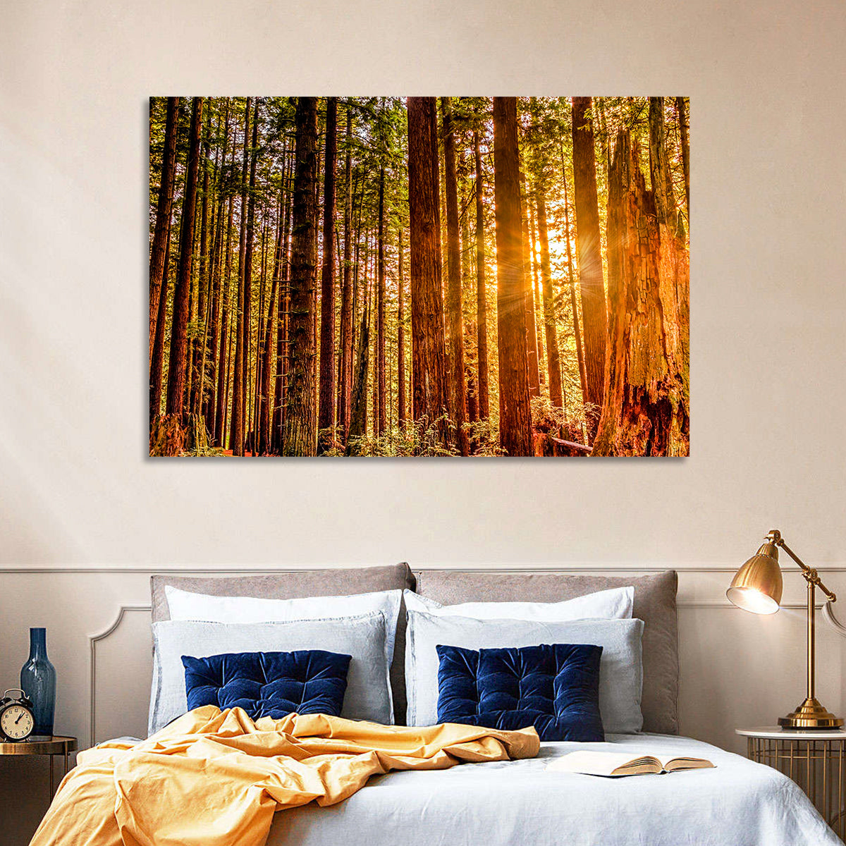 Golden Hour Redwood Sunburst Wall Art in a room, landscape
