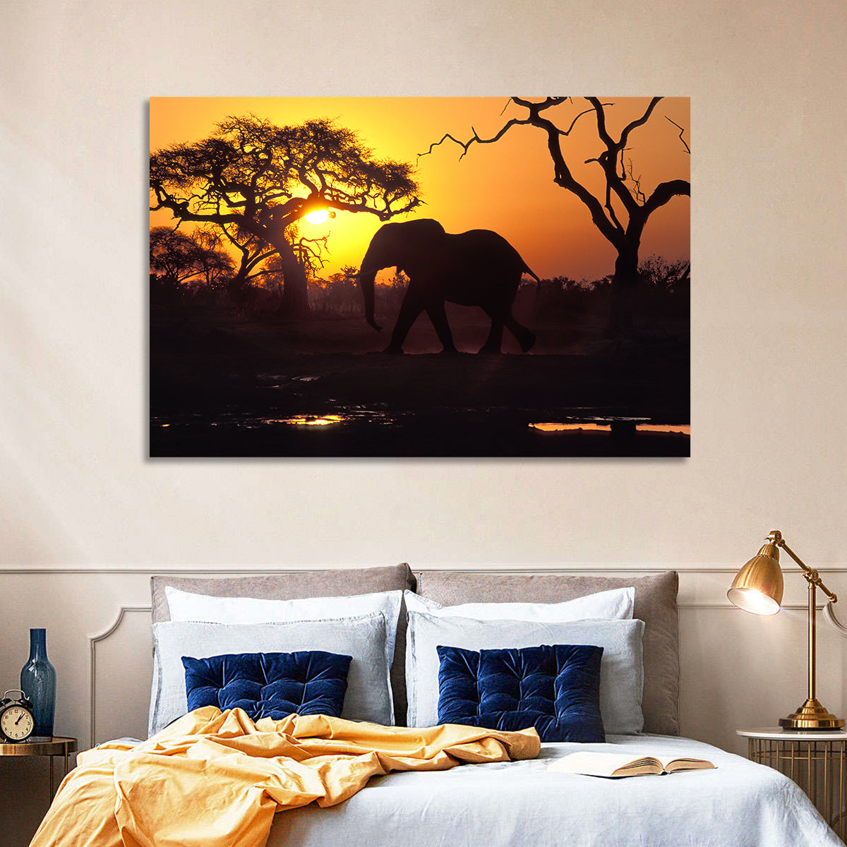 Elephant at Sunset Wall Art in a room, landscape