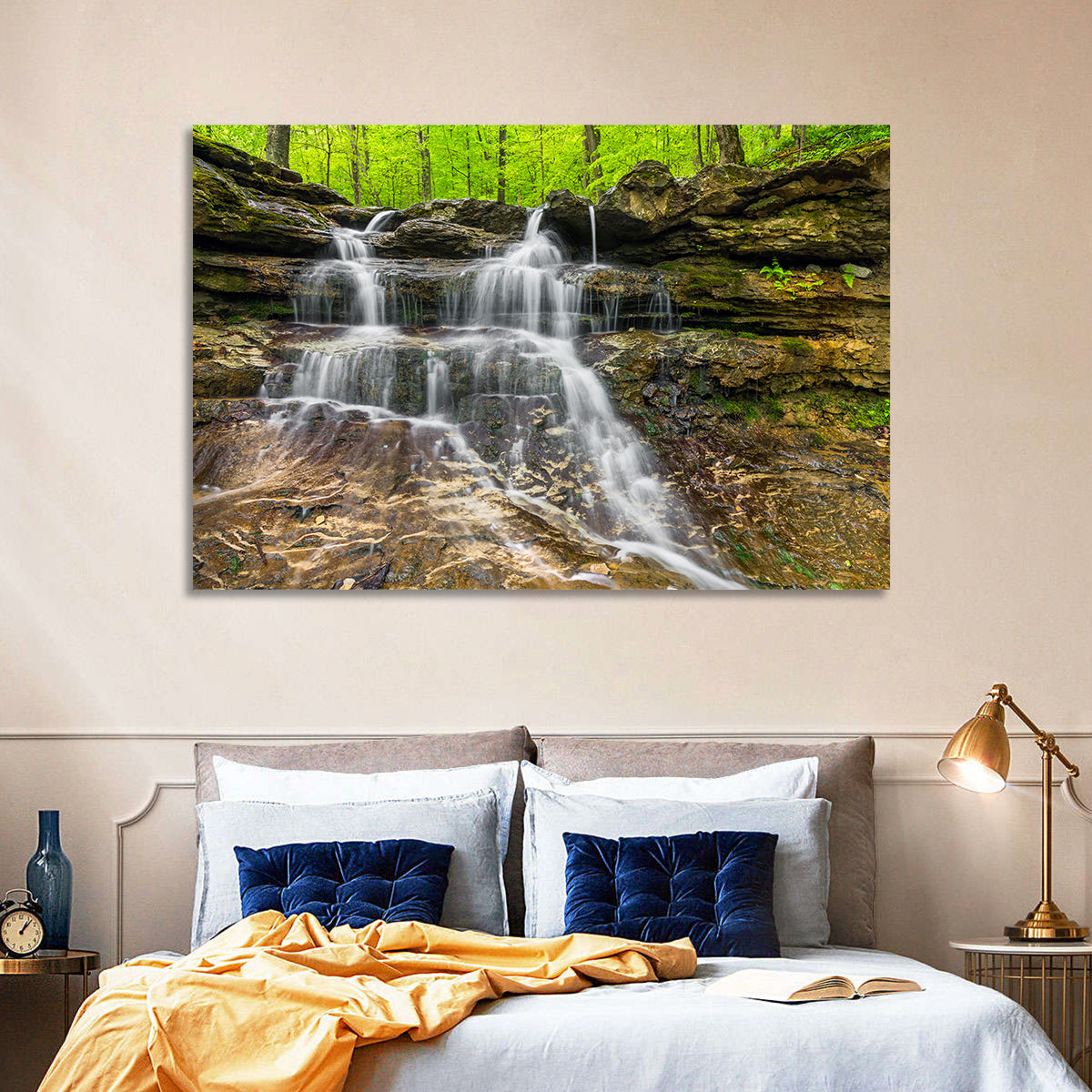 Mossy Ledge Waterfall Wall Art in a room, landscape