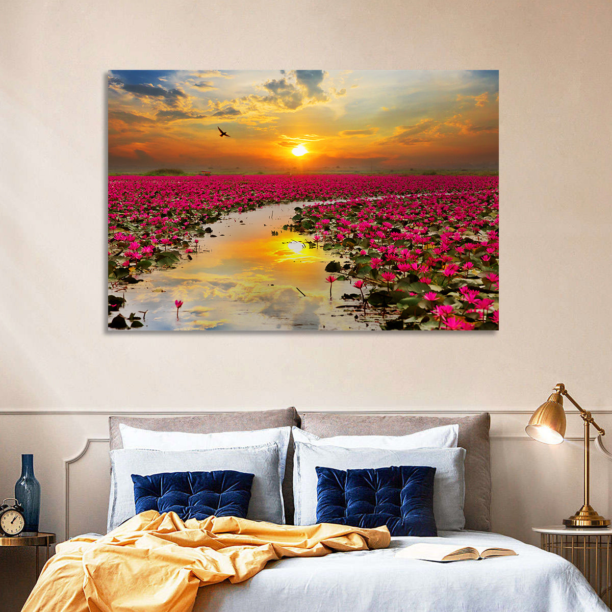 Golden Hour Lotus Field Wall Art in a room, landscape