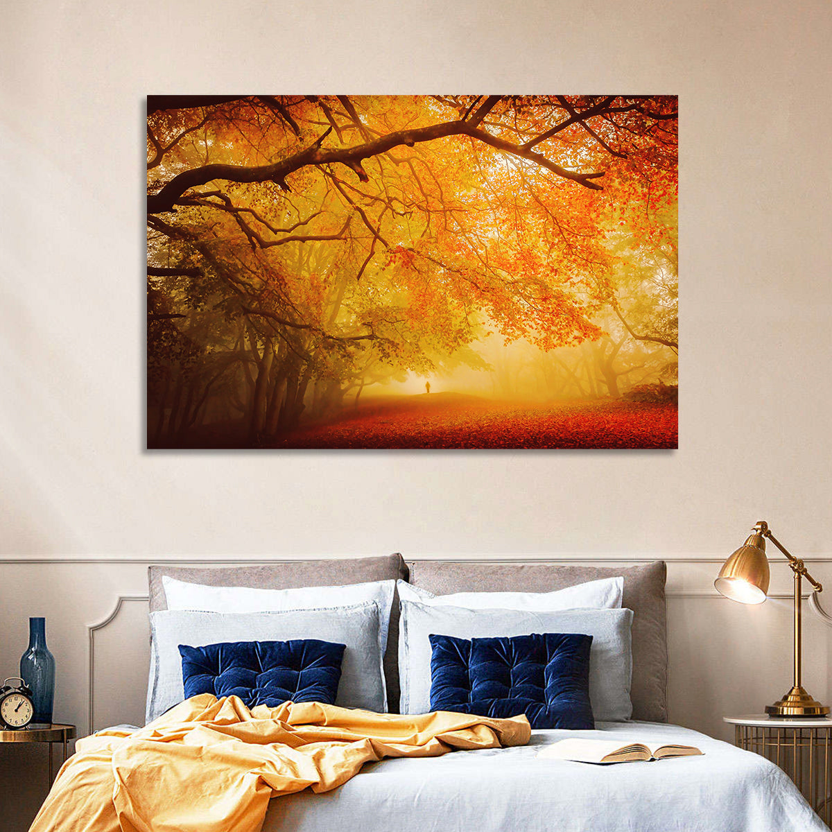 Autumn Forest Path with Lone Figure Wall Art in a room, landscape