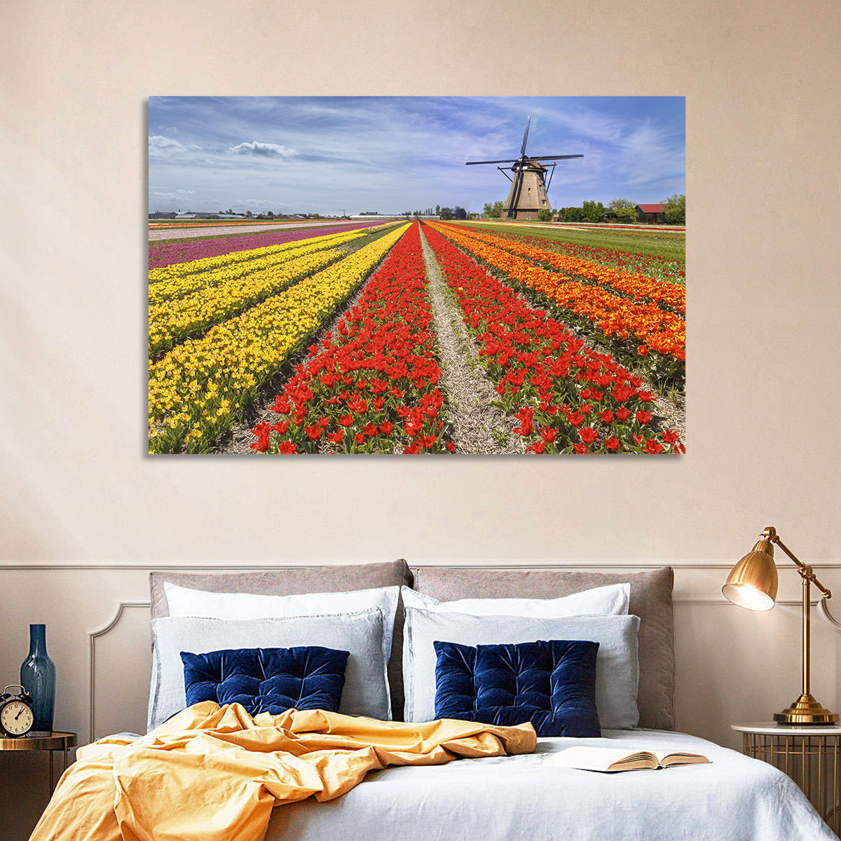 Spring Tulip Fields with Dutch Windmill Wall Art in a room, landscape