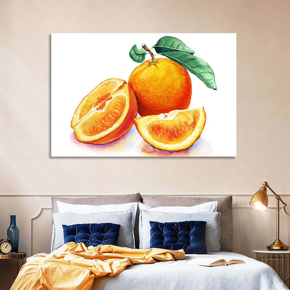 Watercolor Orange Still Life Wall Art in a room, landscape