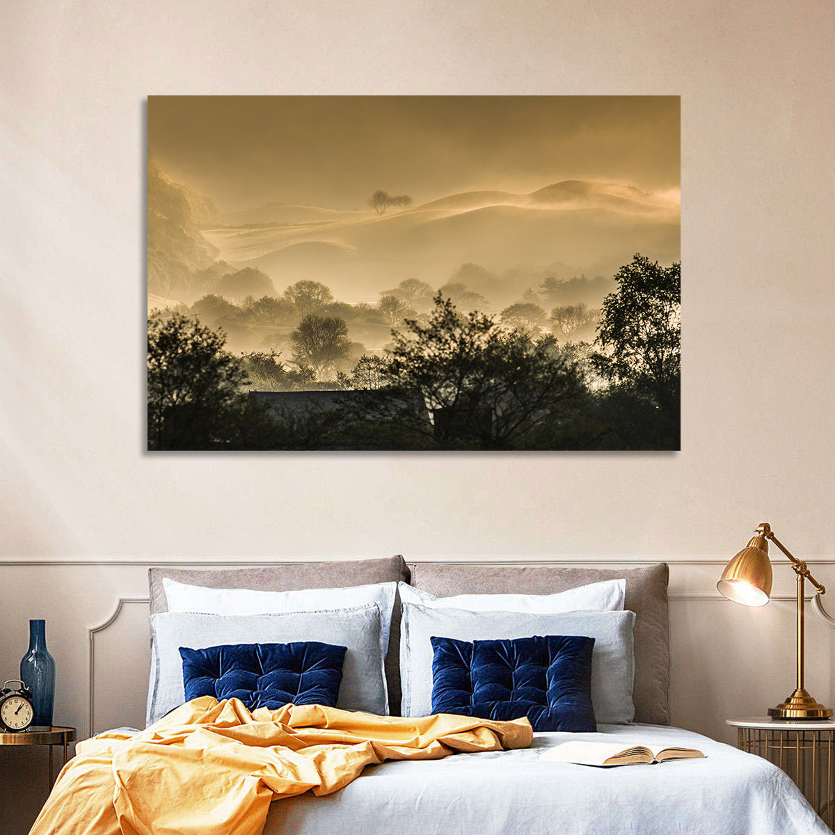 Bronze Morning Mist Over Hills Wall Art in a room, landscape