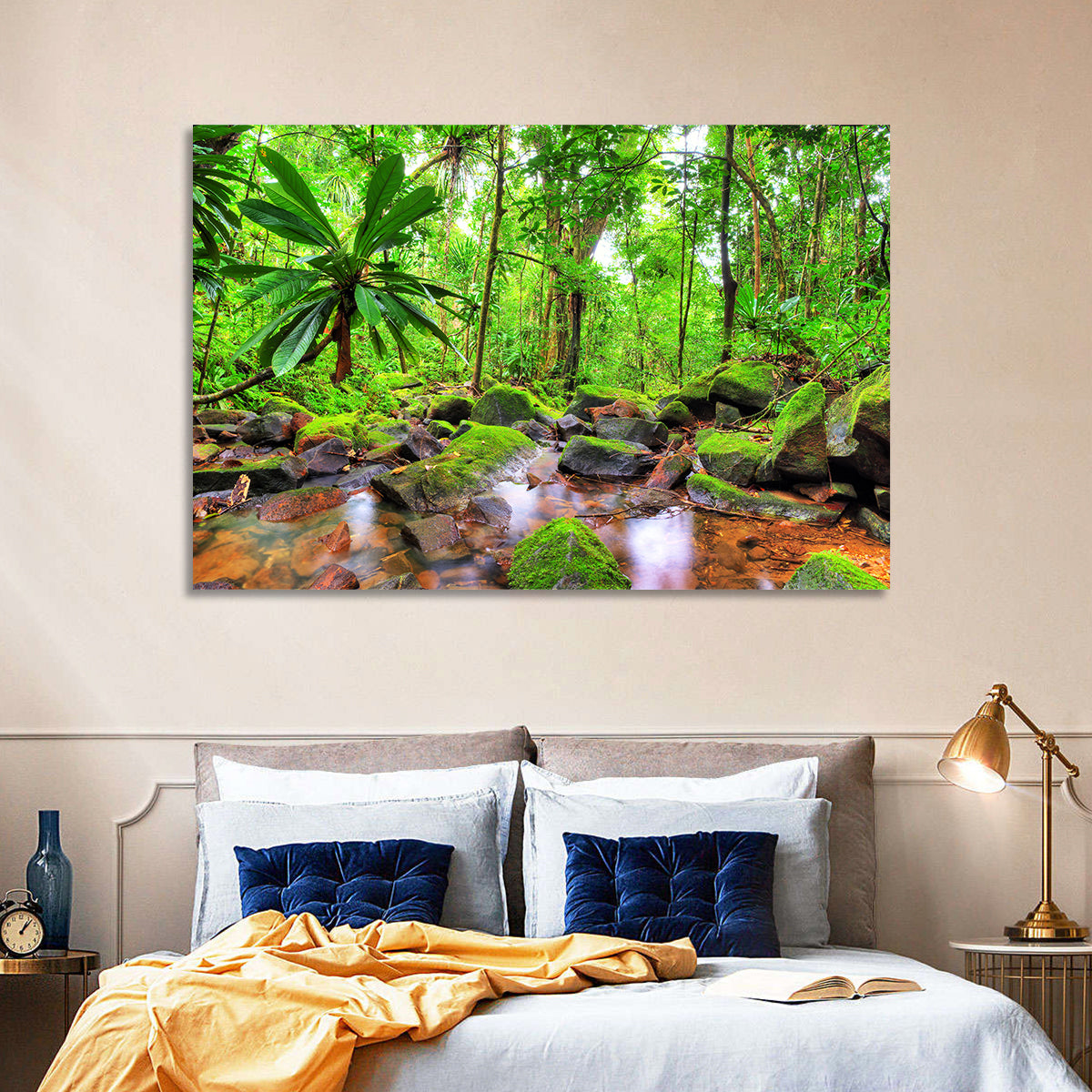 Mossy Rainforest Stream Wall Art in a room, landscape