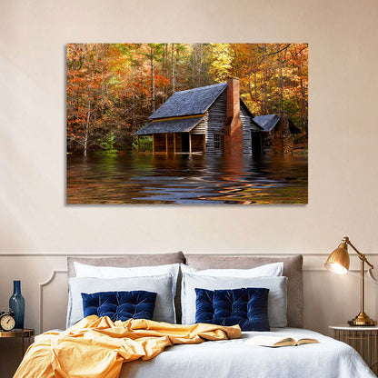Autumn Flooded Log Cabin Wall Art