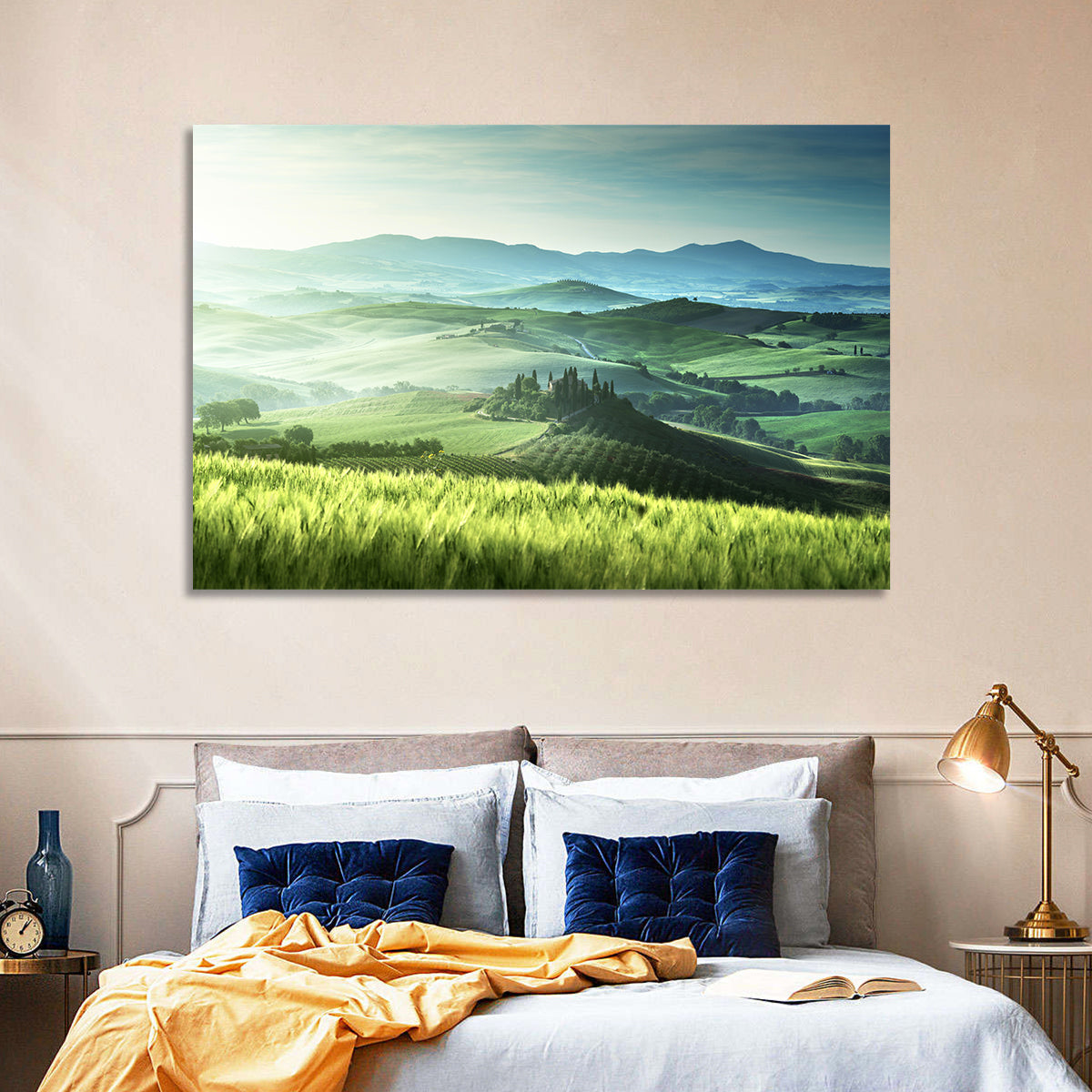Misty Rolling Hills with Cypresses Wall Art in a room, landscape