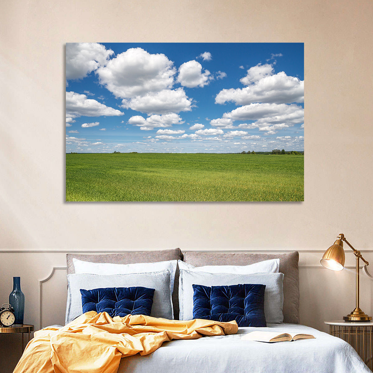 Cloud Filled Sky Over Meadow Wall Art in a room, landscape