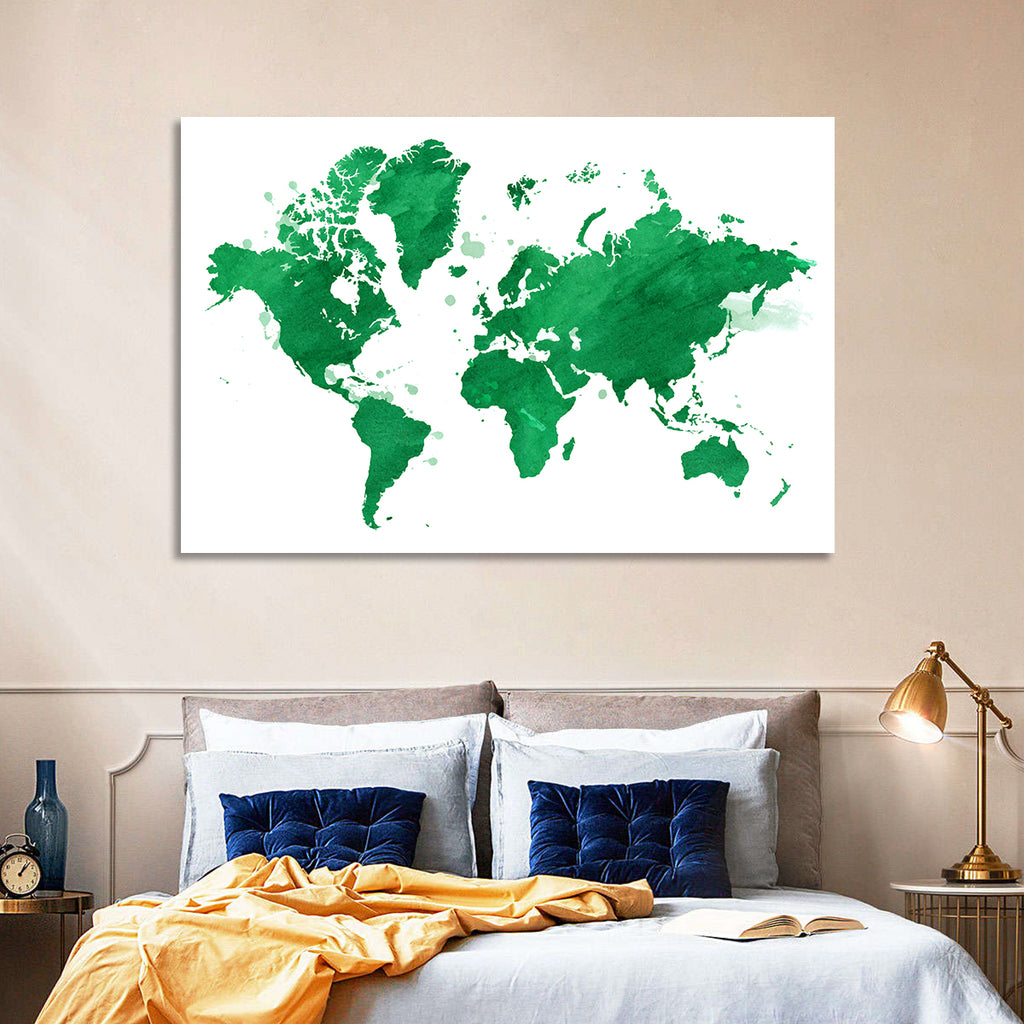 Green Watercolor World Map Wall Art