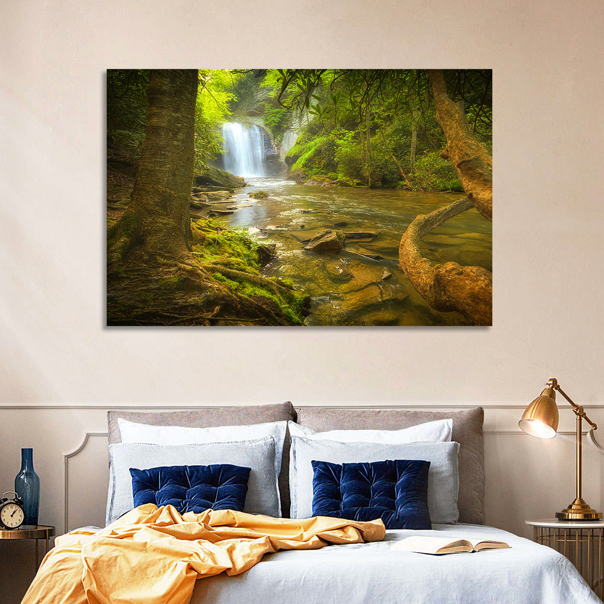 Deep Forest Waterfall Wall Art in a room, landscape