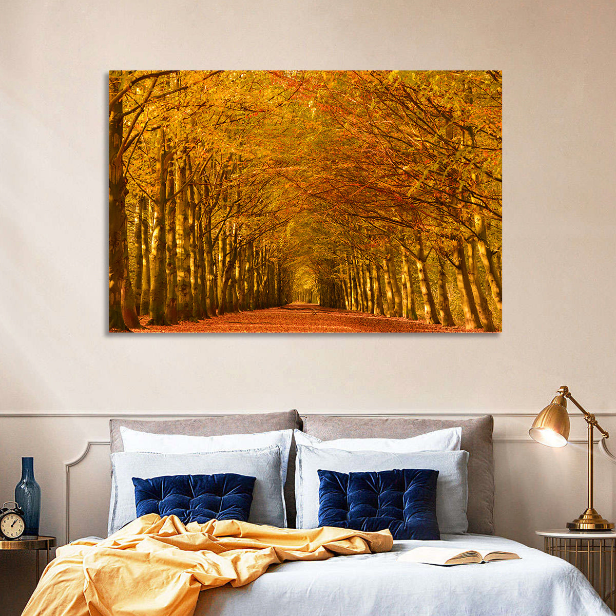 Golden Beech Tree Tunnel in Autumn Wall Art in a room, landscape