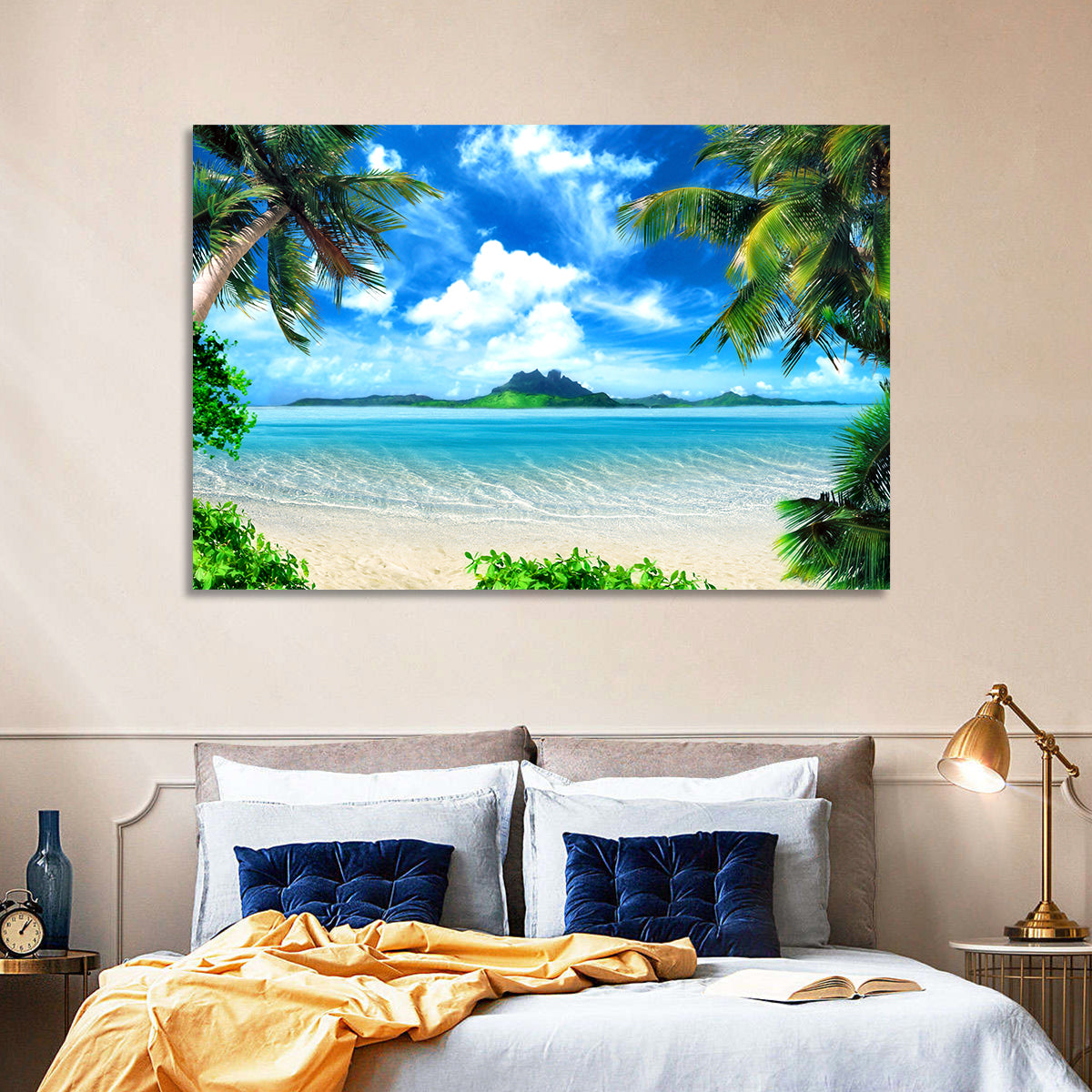 Palm-framed Tropical Island Beach Wall Art in a room, landscape