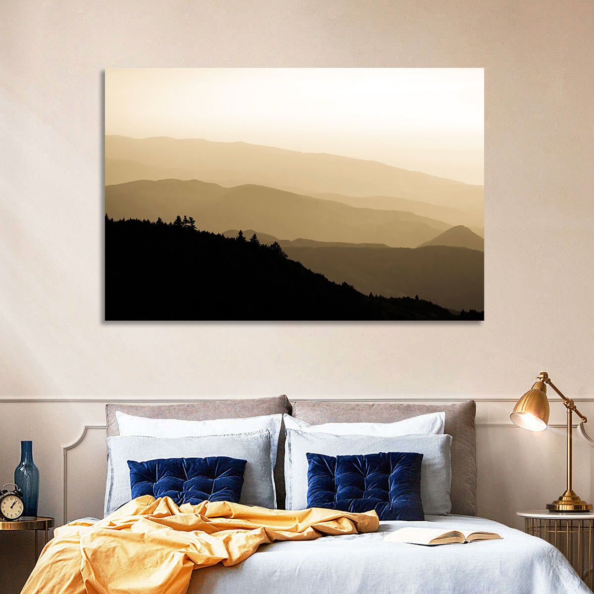 Foggy Mountain Sunset with Evergreen Silhouettes Wall Art
