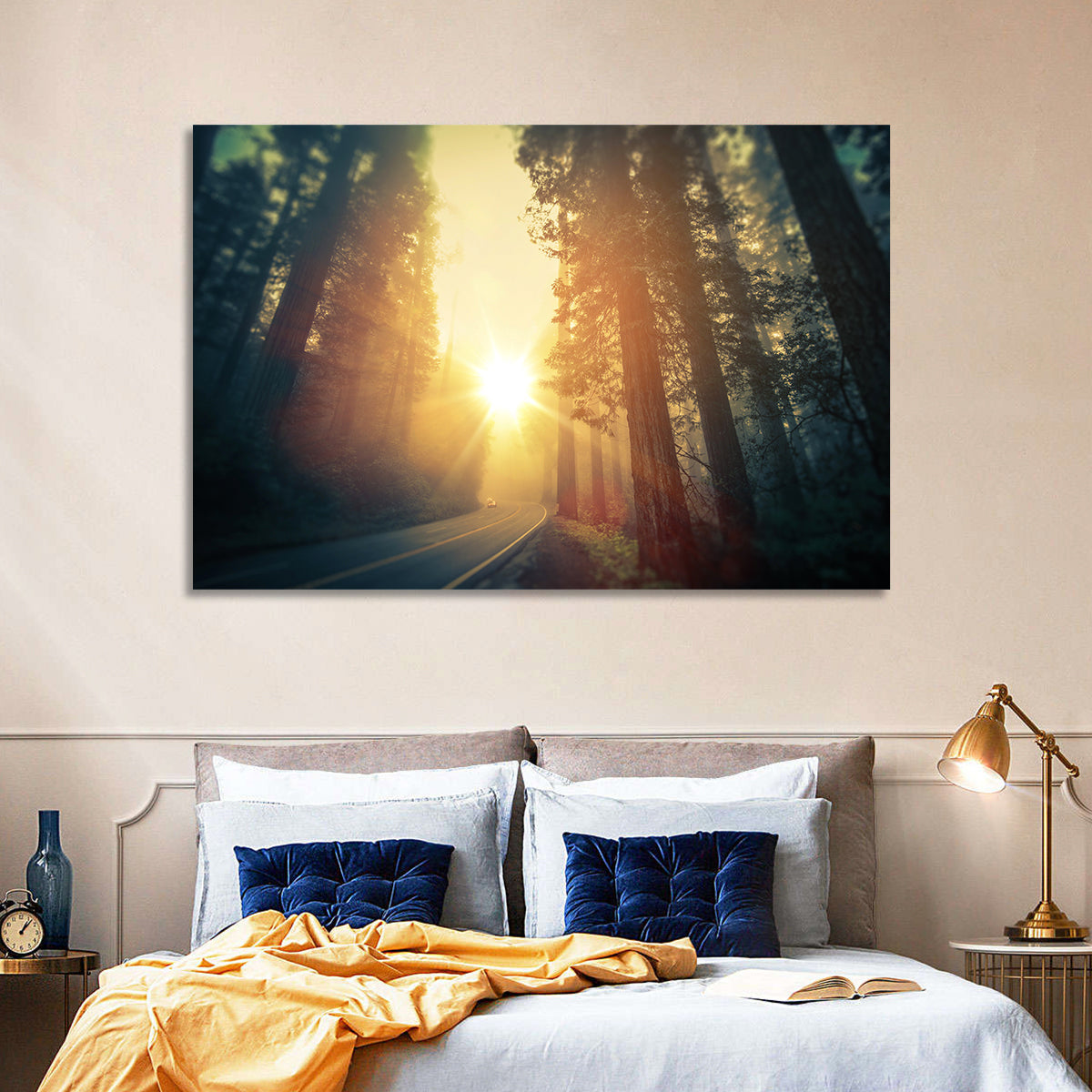 Misty Redwood Road with Golden Sunburst Wall Art