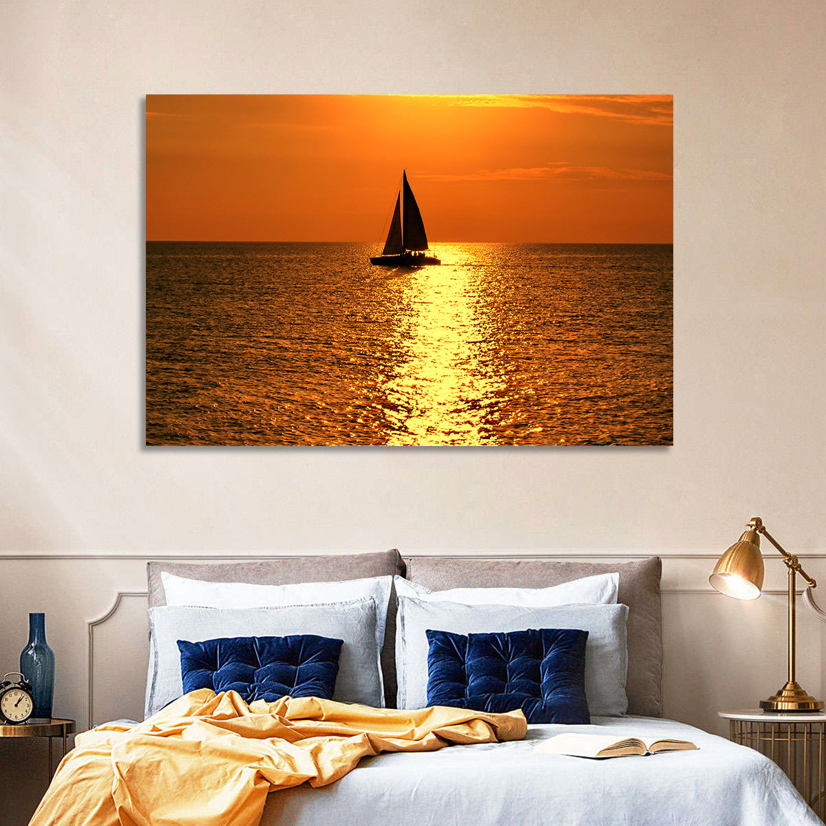 Sailboat Silhouette at Golden Sunset Wall Art
