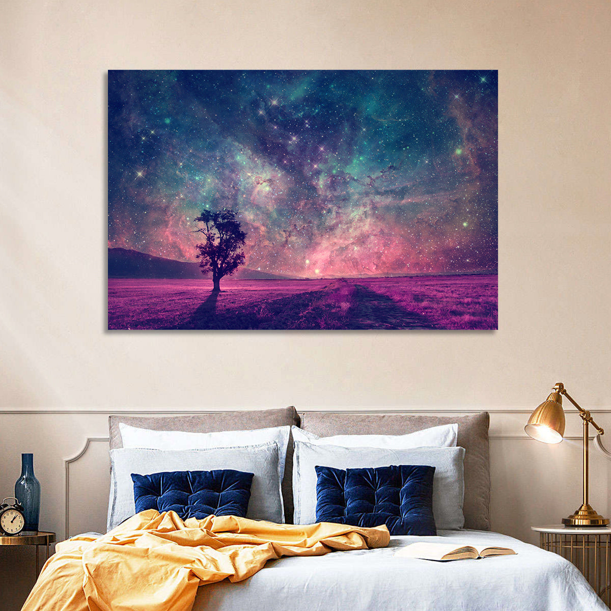 Lone Tree Under Nebula Sky Wall Art in a room, landscape